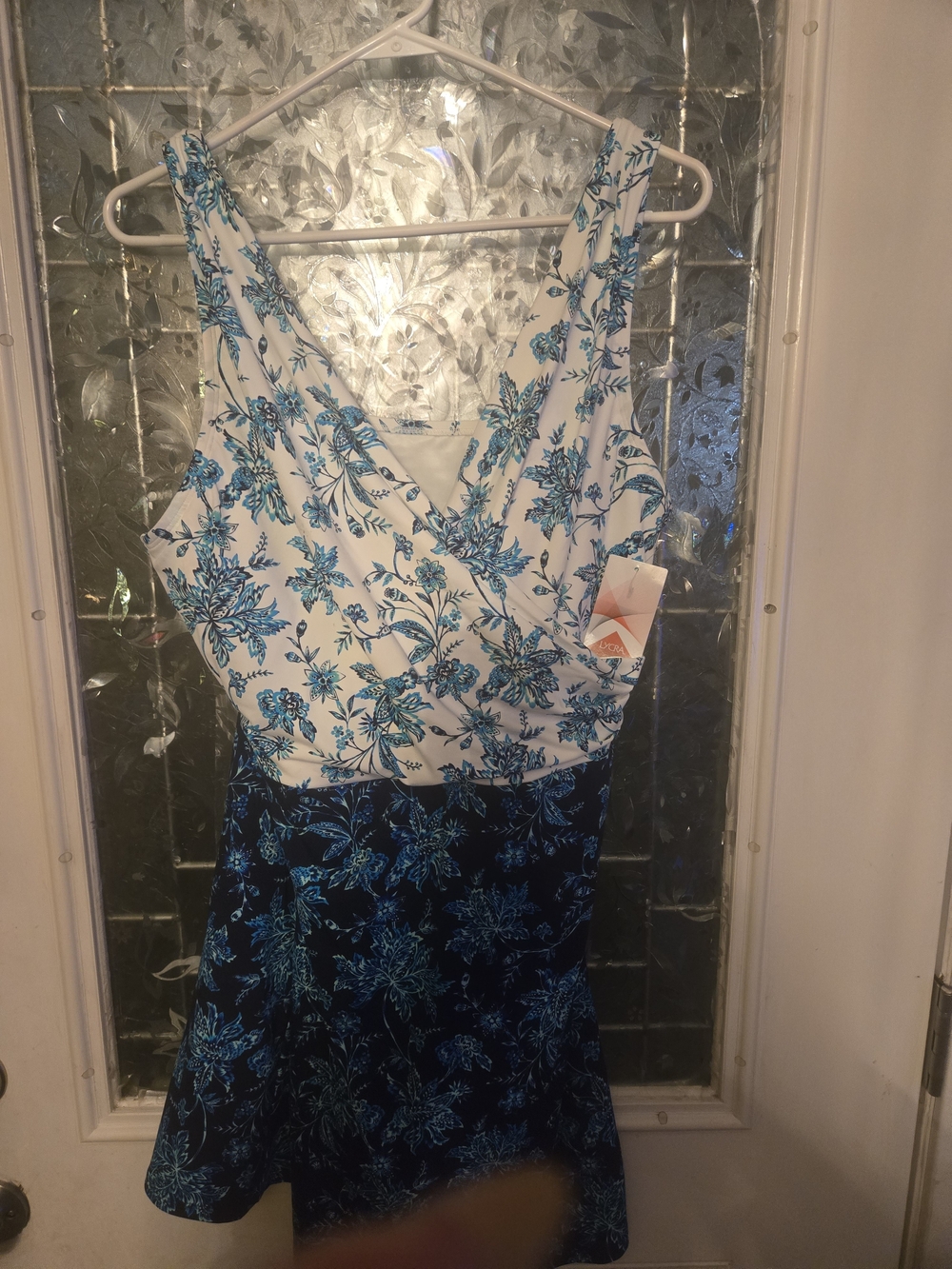 Blue Floral One-Piece Swimdress with V-Neck